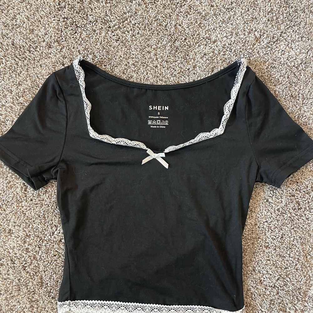 SHEIN Black Top with White Lace Trim